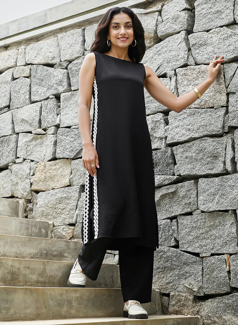 QISSA Women's Raven Black Contrast Swirl Kurta Set For Casual Wear | Boat Neck | Sleeveless | 2 Piece Kurta Set Designed With Comfort Fit For Everyday Ethnic Wear